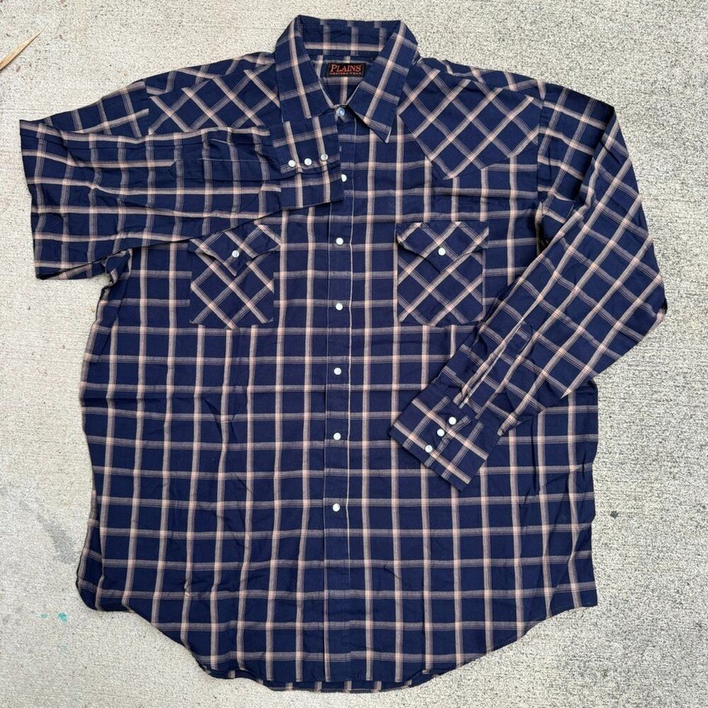Plains Western Wear Pearl Snap Mens XL Blue Plaid Long Sleeve Cowboy Work